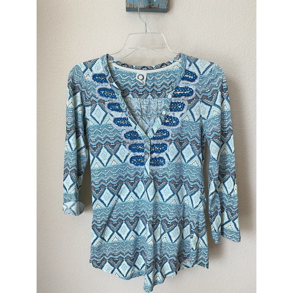 Anthropologie Akemi+kin Size XS Teal Geometric Print 3/4 Sleeve Ocotillo Top - Picture 1 of 5